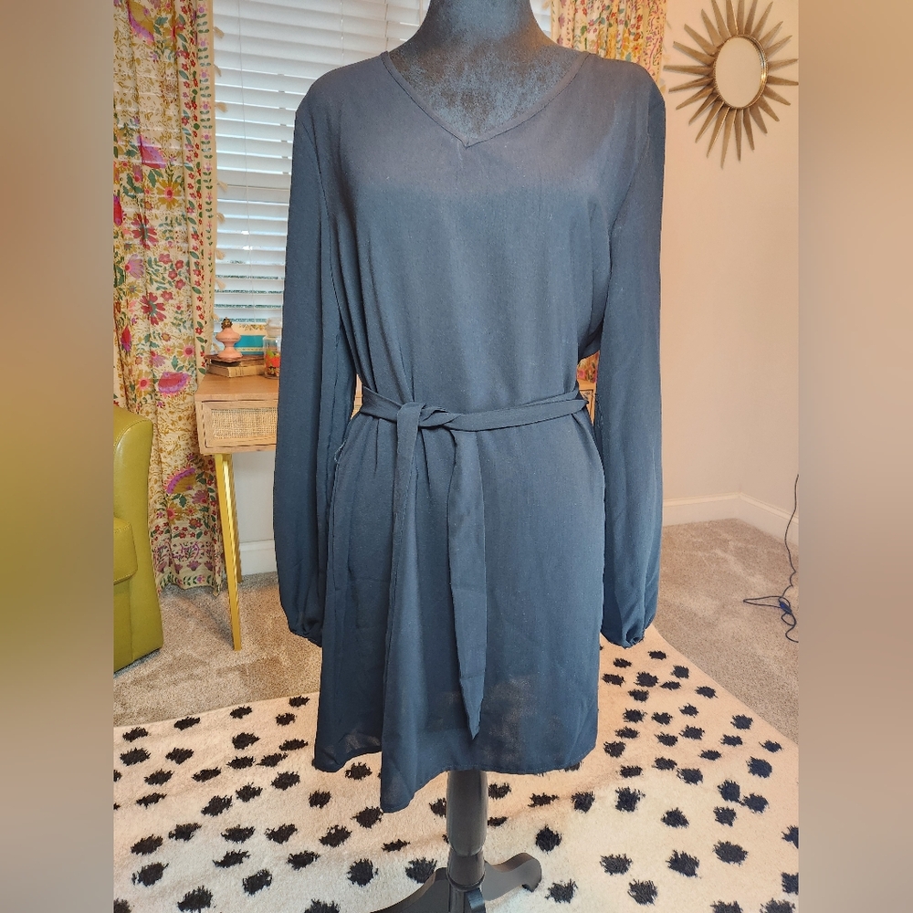 Little Black Dress, lightweight, long sleeve, thin with belt. Large